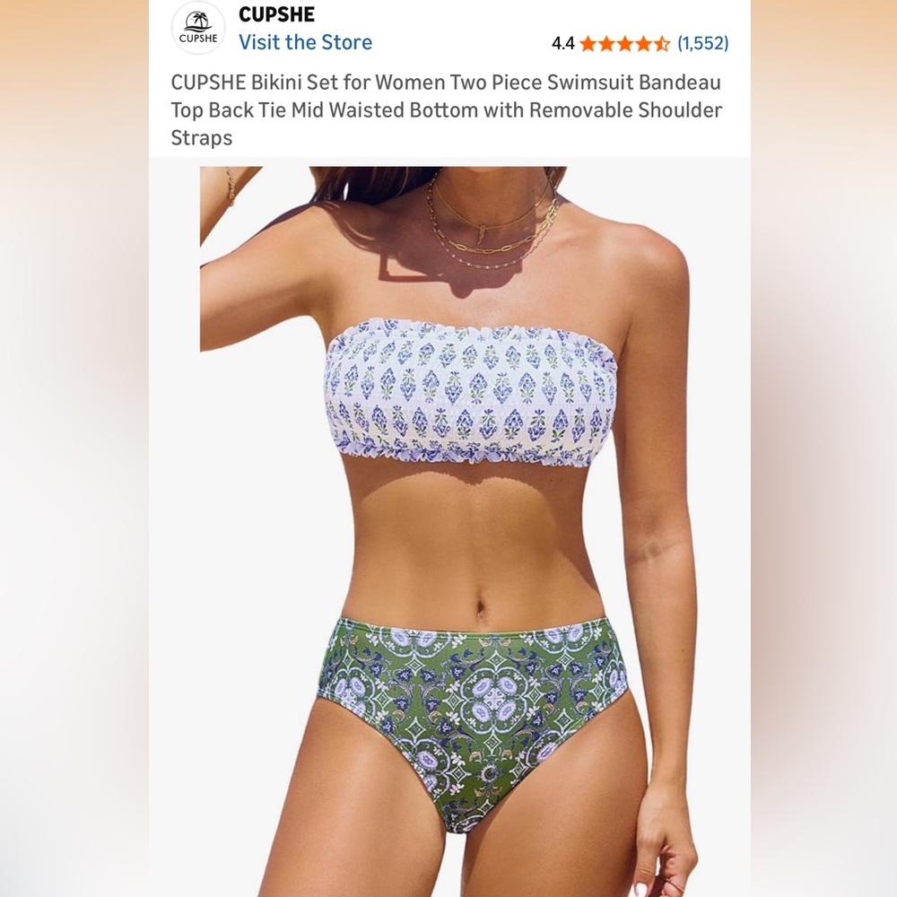 Cupshe White and Green Bandeau Bikini Set.  Only worn three times.